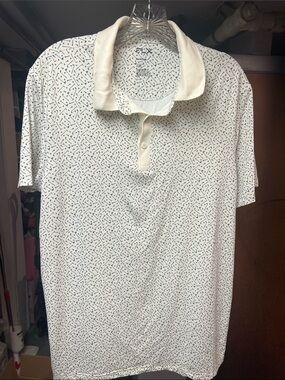 Men's White Polo Shirt with Navy Micro Print - Unbranded